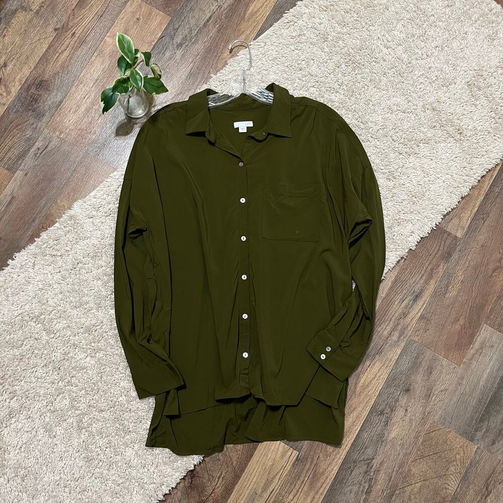 J.Jill Size Small Green Mother of Pearl Button Down Long Sleeve Rayon Blouse Top